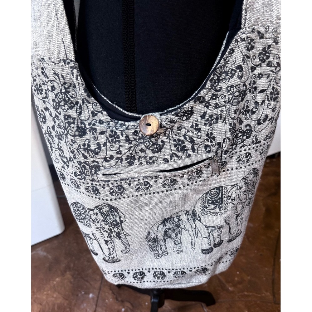 Kathmandu Imports Elephant Print Boho Hobo Shoulder Bag Gray Black Cotton